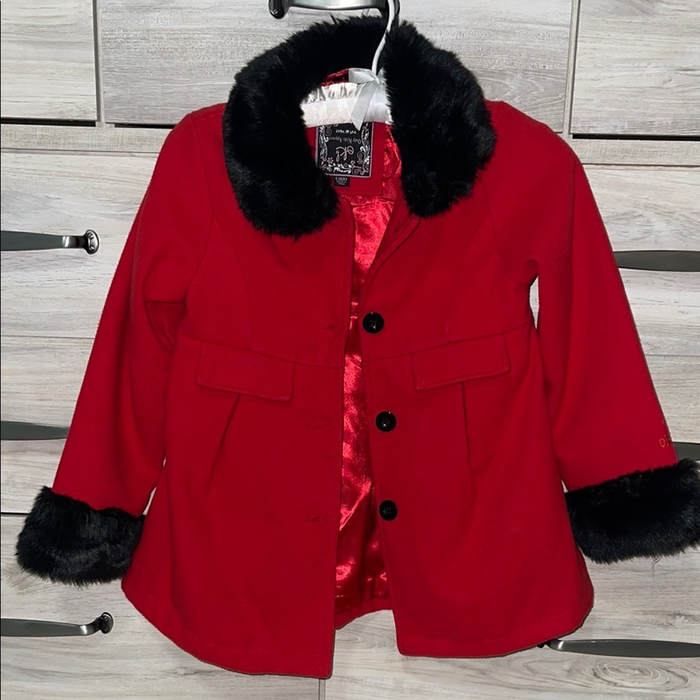 Girls Red Coat with Black Fur Trim